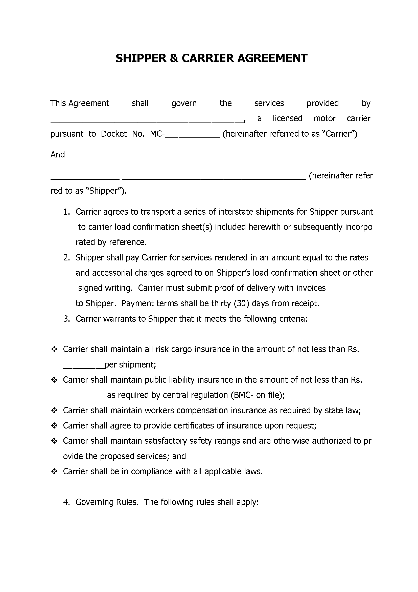 Agreement Between Carrier And Shipper